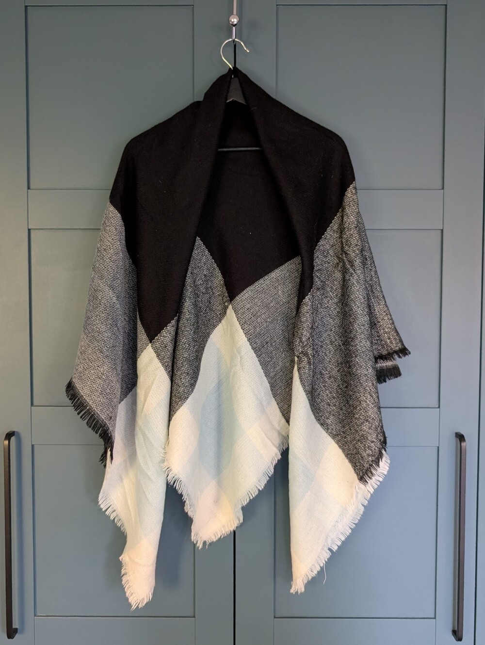 Cozy Black, Light Blue & Gray Fringe Blanket Scarf | 54"